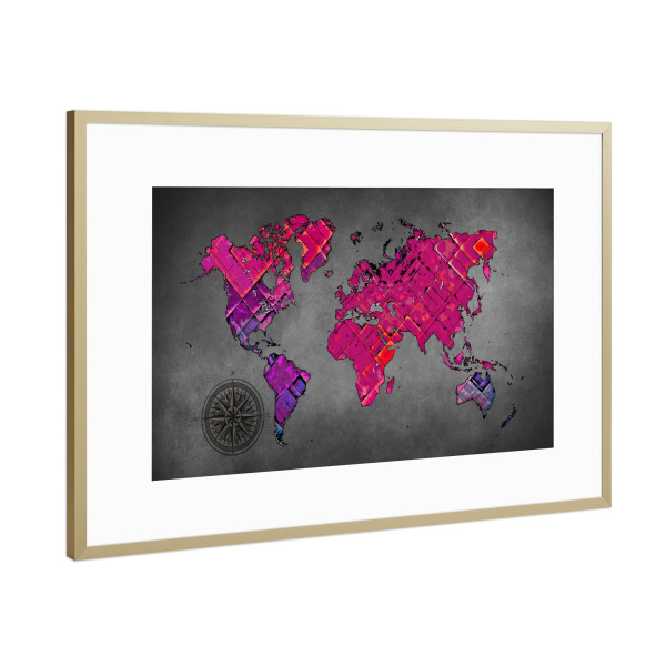 Poster mit Rahmen Gold "World map black and purple cartoon" artboxONE - Reise,Kartografie