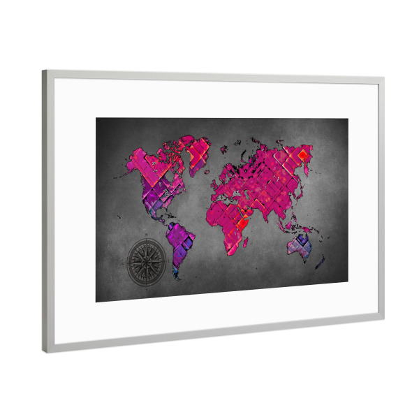 Poster mit Rahmen Silber "World map black and purple cartoon" artboxONE - Reise,Kartografie