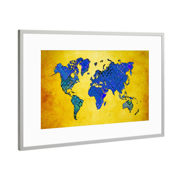 Poster mit Rahmen Silber "World map blue and yellow cartoon" artboxONE - Reise,Kartografie