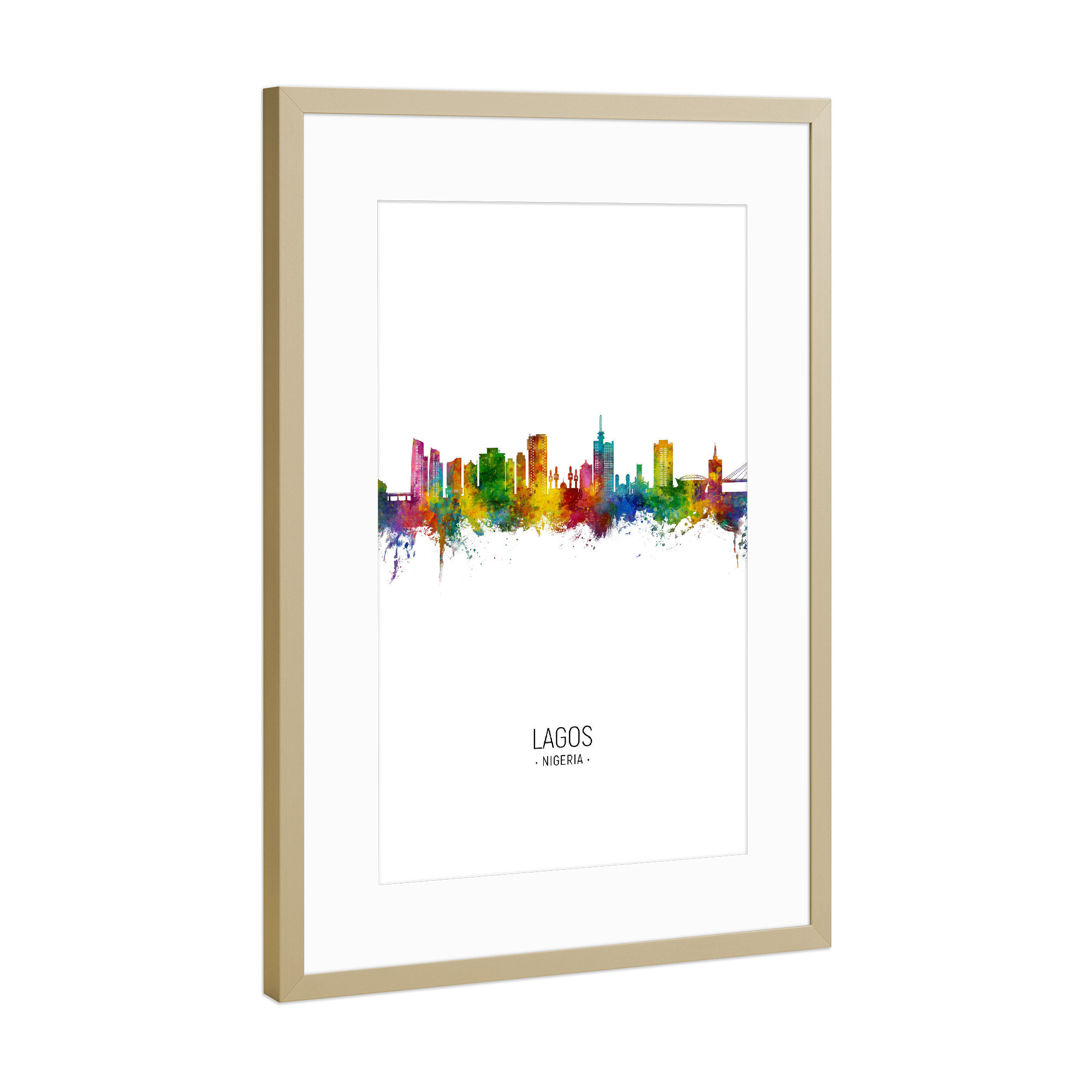 Poster mit Rahmen Gold "Lagos Nigeria Skyline Portrait" artboxONE - Städte