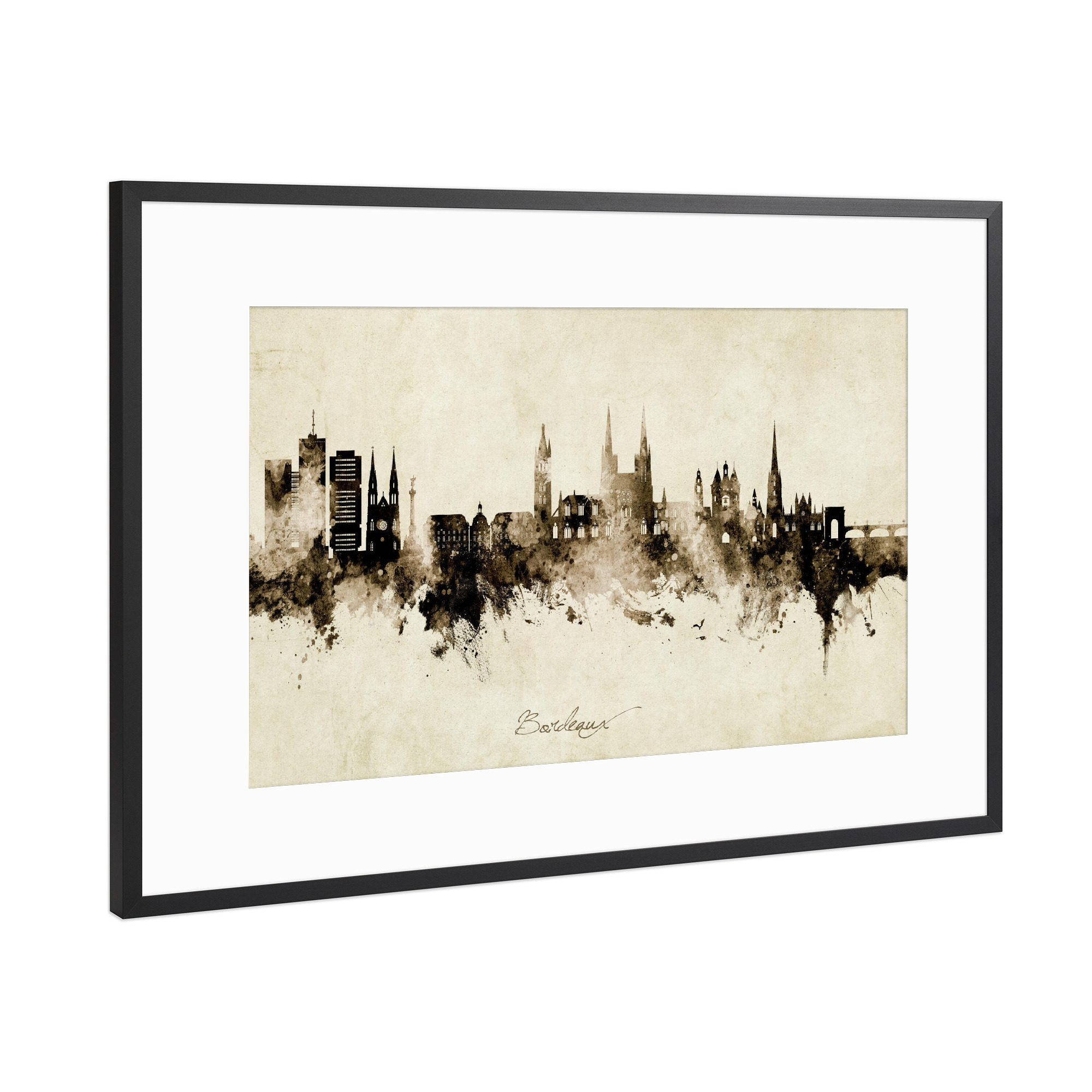 Poster mit Rahmen Schwarz (Metallic) "Bordeaux France Skyline Sepia" artboxONE - Städte