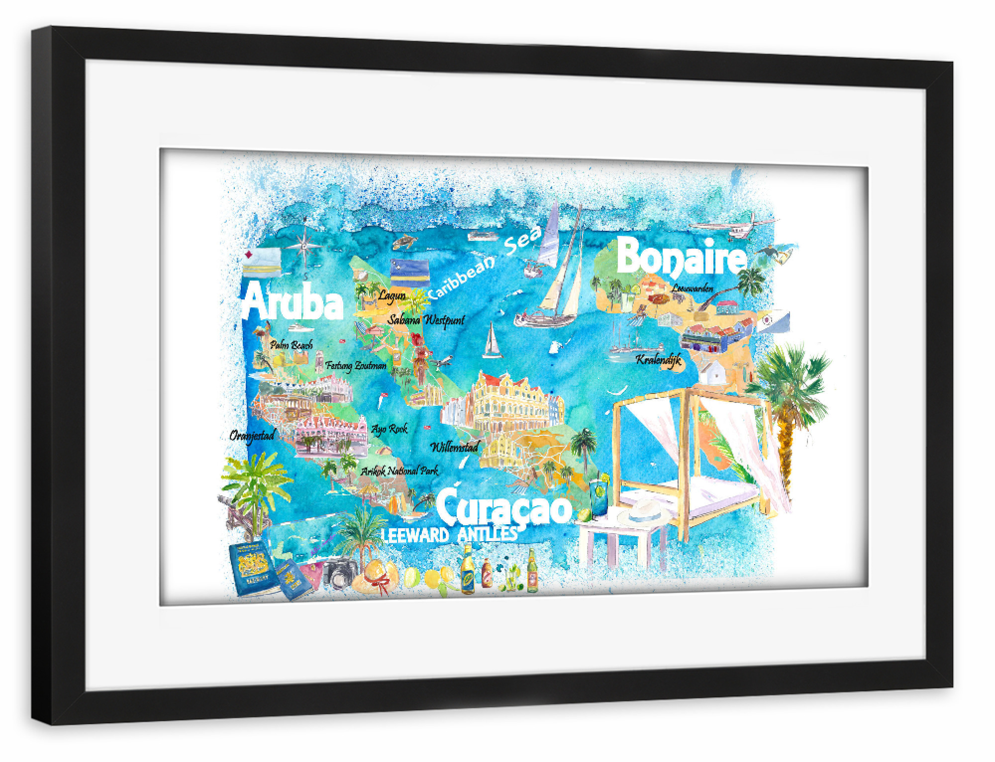 Poster mit Rahmen schwarz "Aruba Bonaire Curacao Map" artboxONE - Reise,Reise / Strand und Meer,Kartografie