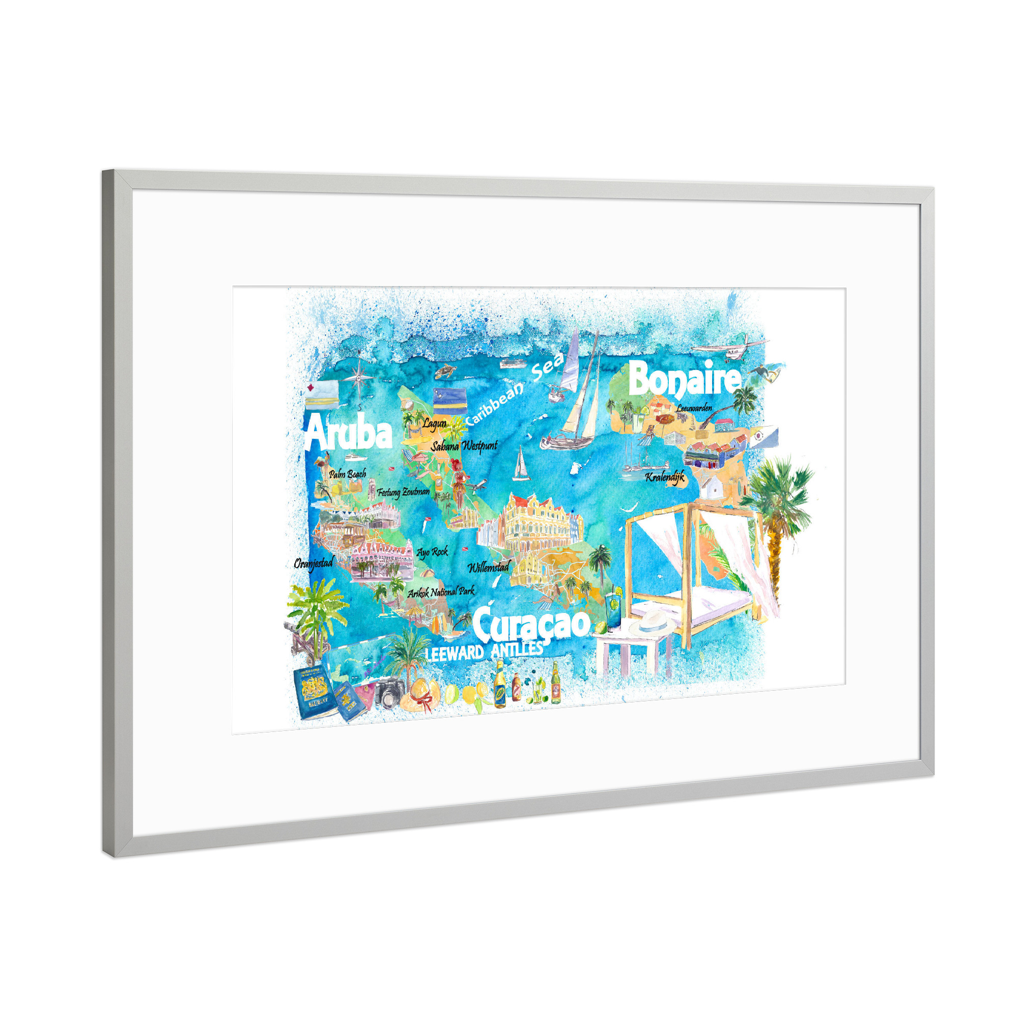 Poster mit Rahmen Silber "Aruba Bonaire Curacao Map" artboxONE - Reise,Reise / Strand und Meer,Kartografie