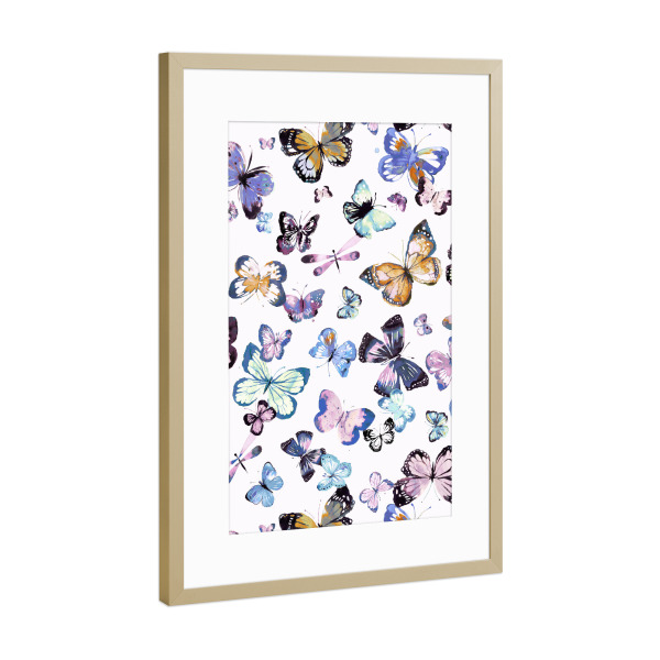 Poster mit Rahmen Gold "Watercolor Cute Butterflies Blue" artboxONE - Tiere,Fashion,Für Mama