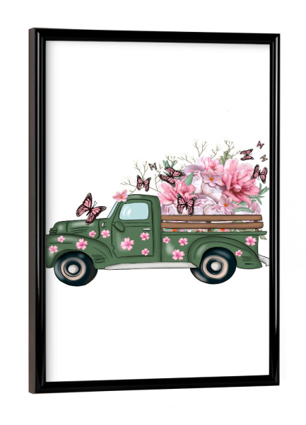 Poster mit schwarzem Rahmen "Spring Truck With Flowers" artboxONE - Floral,Für Kinder,Automobile,Für Mama,Festivals