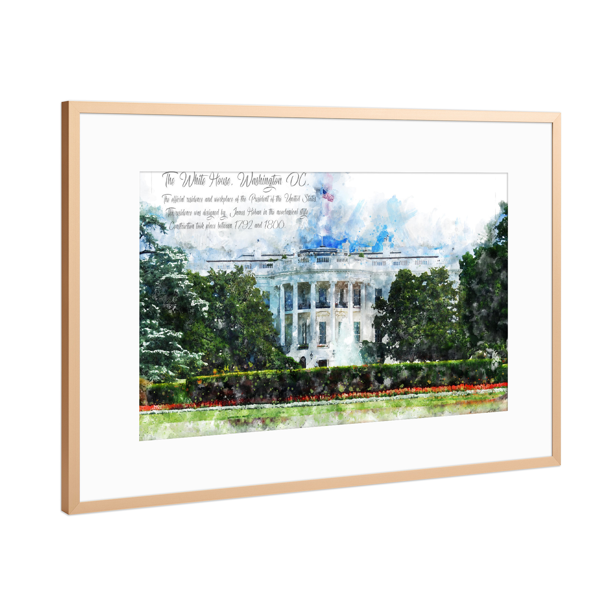 Poster mit Rahmen Kupfer "Weisses Haus Washington Aquarell" artboxONE - Architektur,Reise / Länder,Städte / Washington