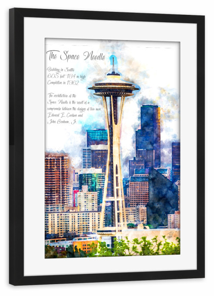 Poster mit Rahmen schwarz "Space Needle Seattle Aquarell" artboxONE - Städte,Reise,Architektur