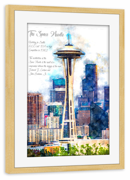 Poster mit Rahmen kiefer "Space Needle Seattle Aquarell" artboxONE - Städte,Reise,Architektur