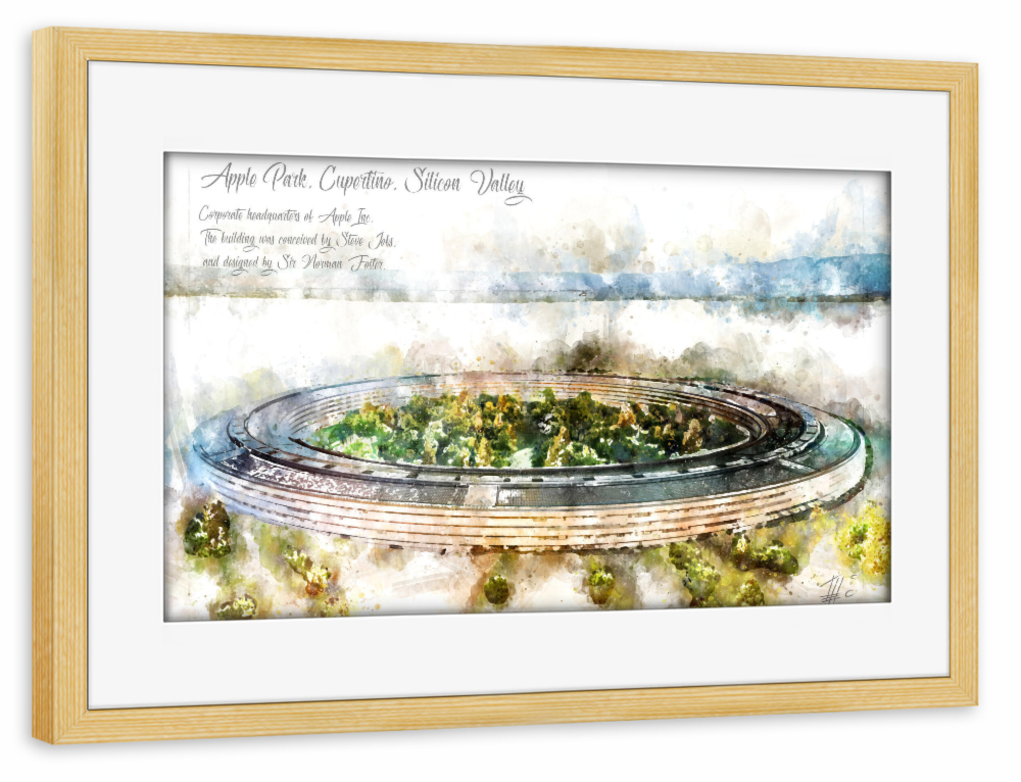 Poster mit Rahmen kiefer "Apple Park Aquarell" artboxONE - Reise,Architektur