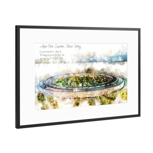 Poster mit Rahmen Schwarz (Metallic) "Apple Park Aquarell" artboxONE - Reise,Architektur