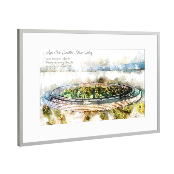 Poster mit Rahmen Silber "Apple Park Aquarell" artboxONE - Reise,Architektur