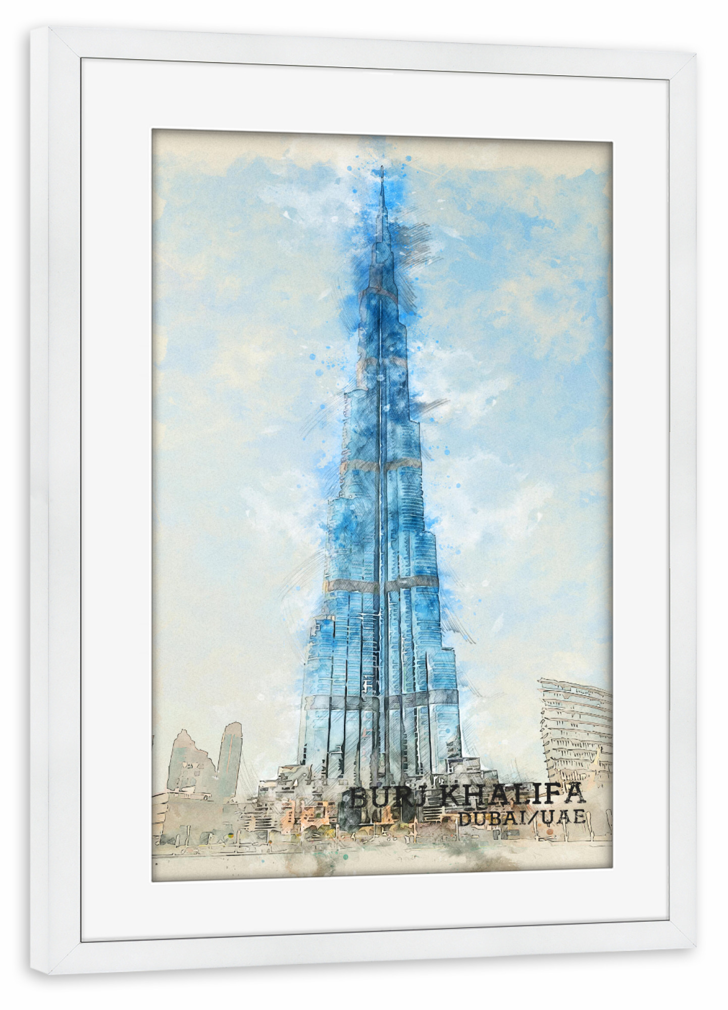 Poster mit Rahmen weiß "Burj Khalifa Sketch" artboxONE - Architektur