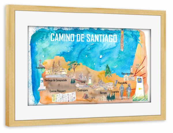 Poster mit Rahmen kiefer "Jakobsweg Illustrierte Karte" artboxONE - Reise,Kartografie