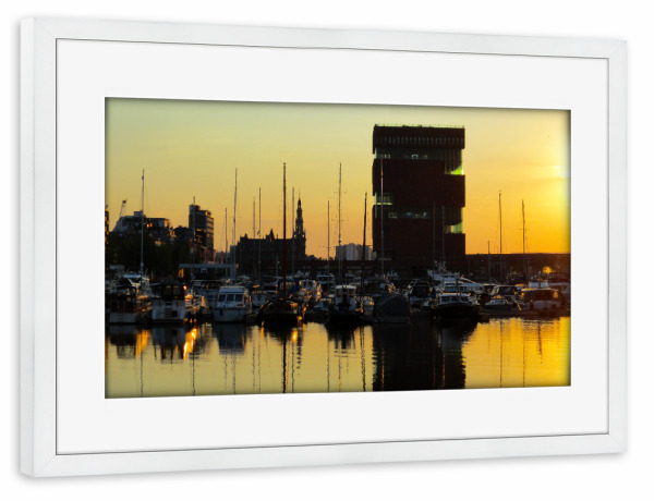 Poster mit Rahmen weiß "MAS, Antwerpen, Bonaparte Habour" artboxONE - Städte,Reise,Architektur,Reise / Länder