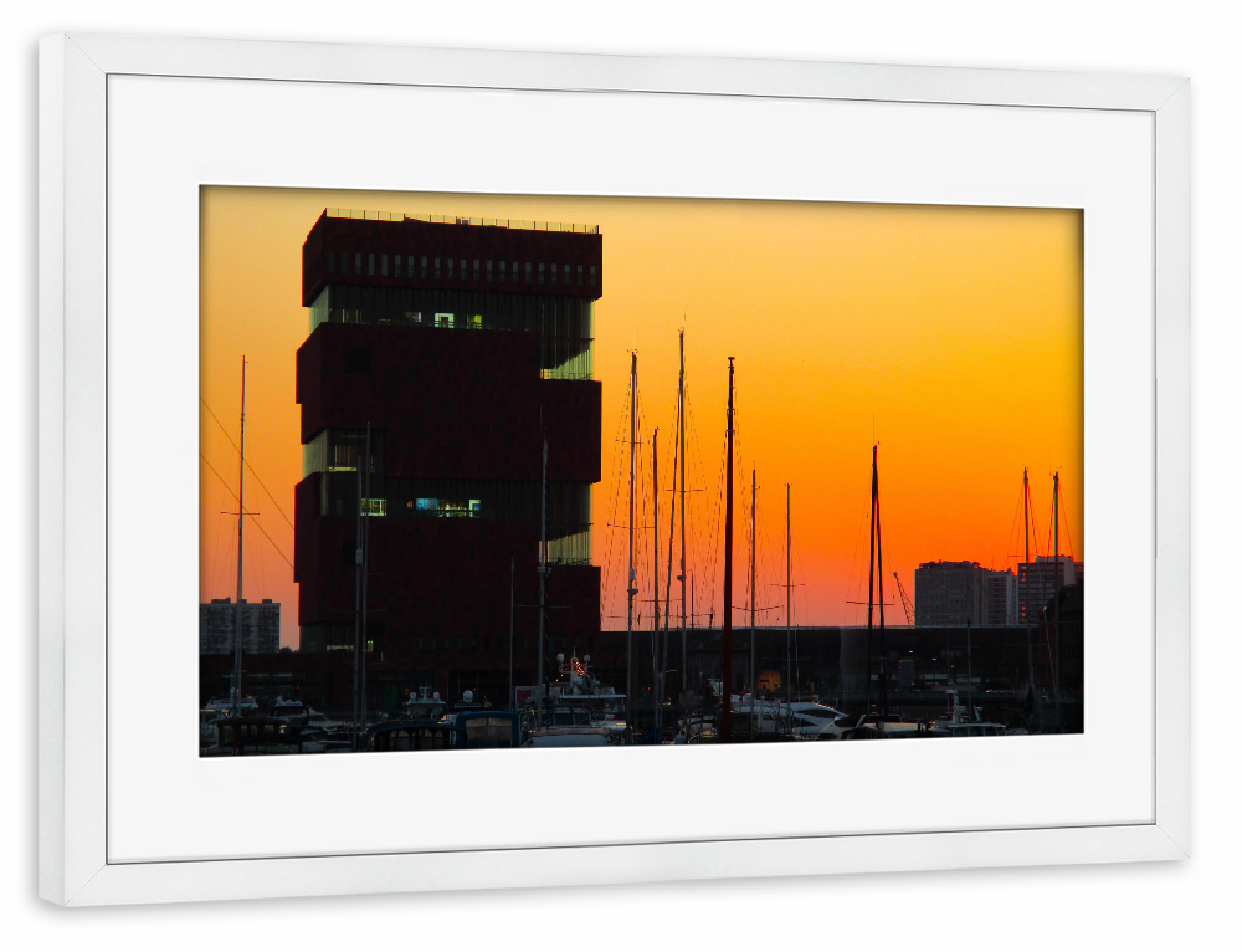 Poster mit Rahmen weiß "MAS Antwerpen Sunset" artboxONE - Reise,Architektur,Reise / Länder
