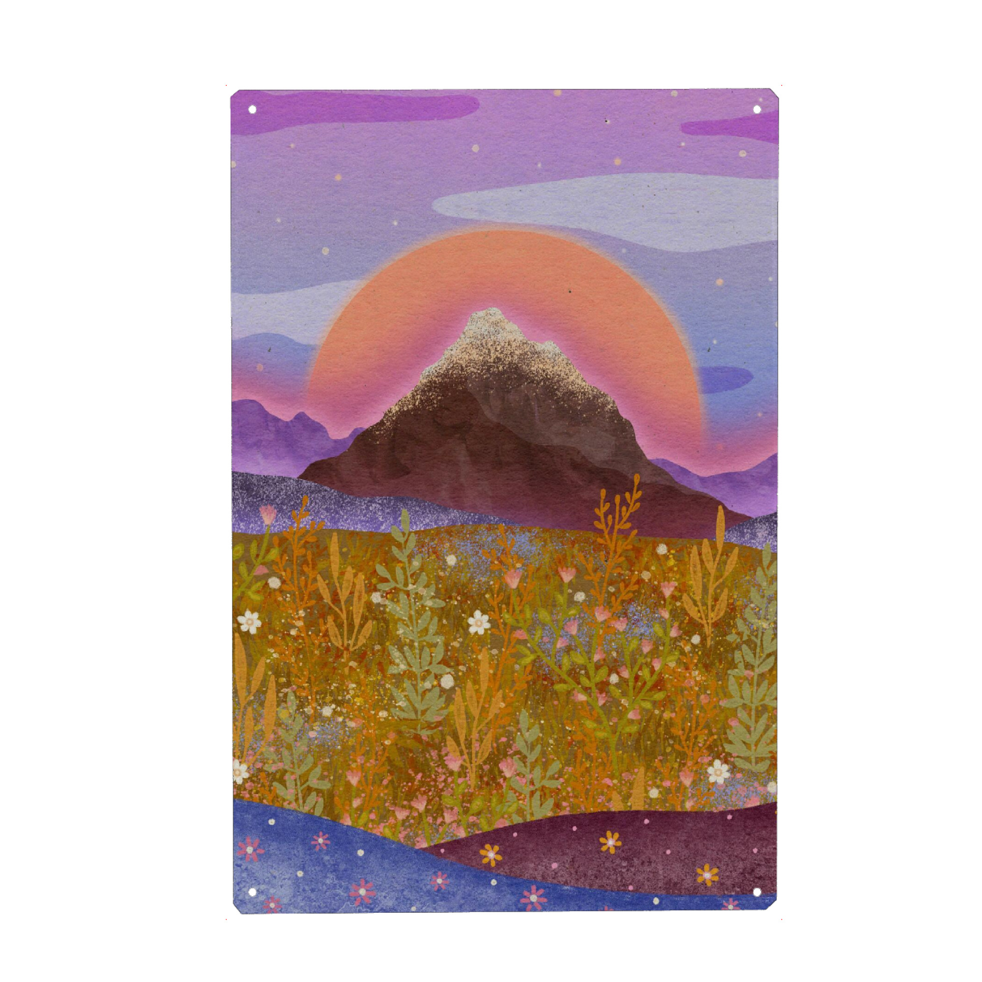 Holzbild "Blumenalp" artboxONE - Natur,Floral - Mond,Blumen,Sterne,Berg,Wiese,Nacht,Sommer,Plants,Pflanzen,Mountain,Colorful,Bunt,Moon