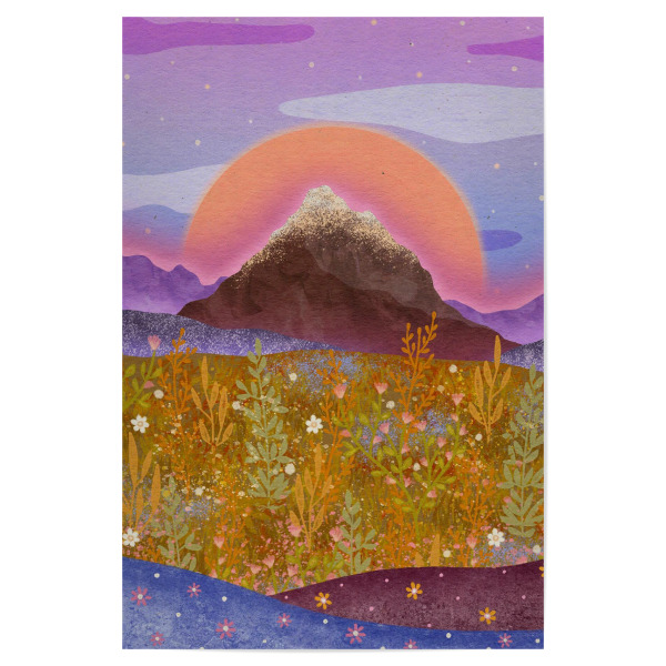 Poster "Blumenalp" artboxONE - Natur,Floral - Mond,Blumen,Sterne,Berg,Wiese,Nacht,Sommer,Plants,Pflanzen,Mountain,Colorful,Bunt,Moon