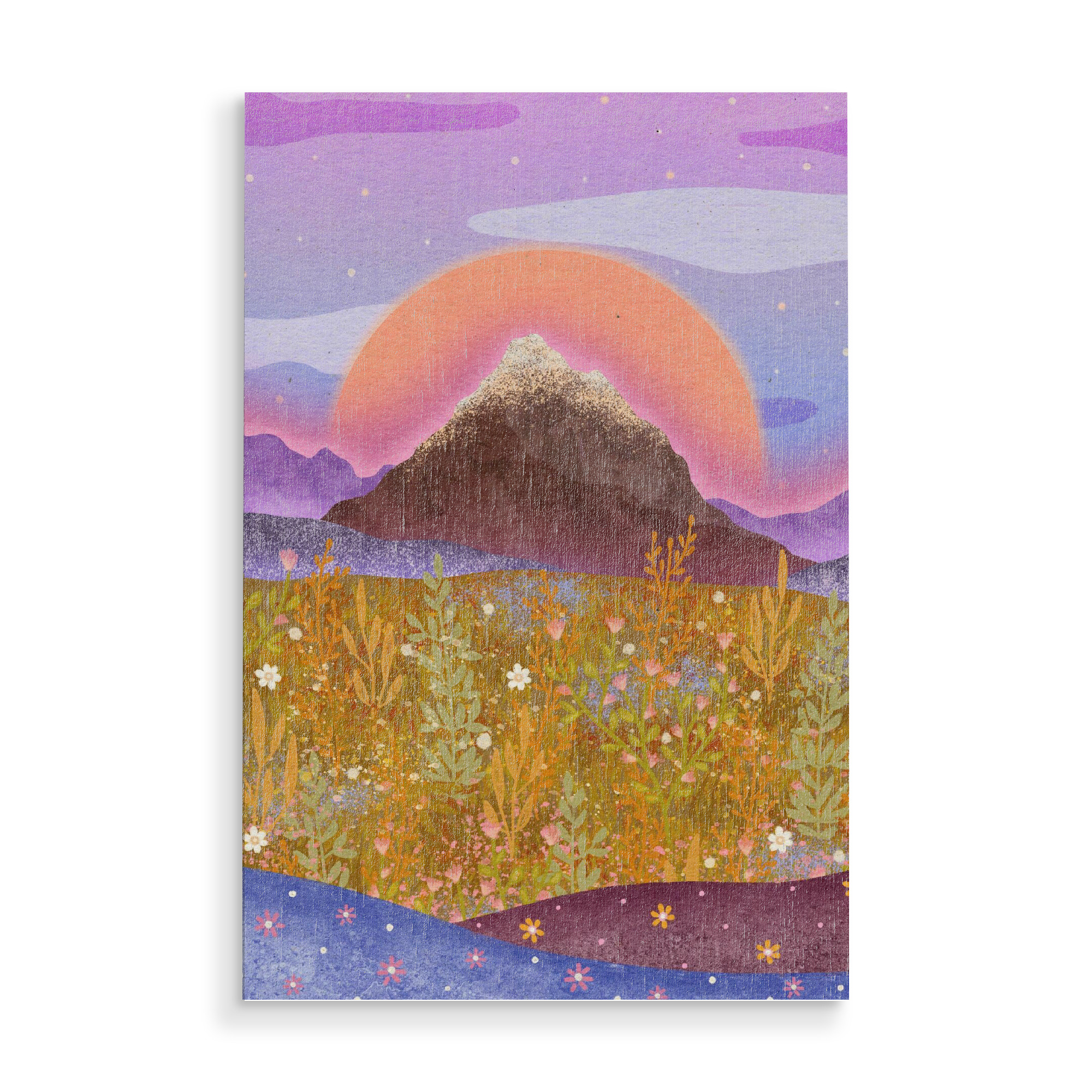 Holzbild "Blumenalp" artboxONE - Natur,Floral - Mond,Blumen,Sterne,Berg,Wiese,Nacht,Sommer,Plants,Pflanzen,Mountain,Colorful,Bunt,Moon