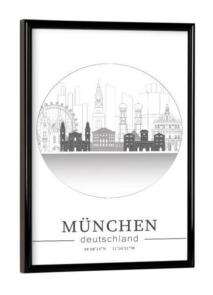 Poster mit schwarzem Rahmen "Munich skyline line art circle" artboxONE - Städte,Städte / München,Reise,Architektur,Kartografie