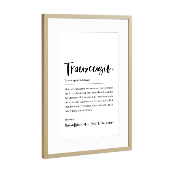 Poster mit Rahmen Gold "Trauzeugin Definition Lexikon" artboxONE - Typografie,Menschen,Schwarzweiß