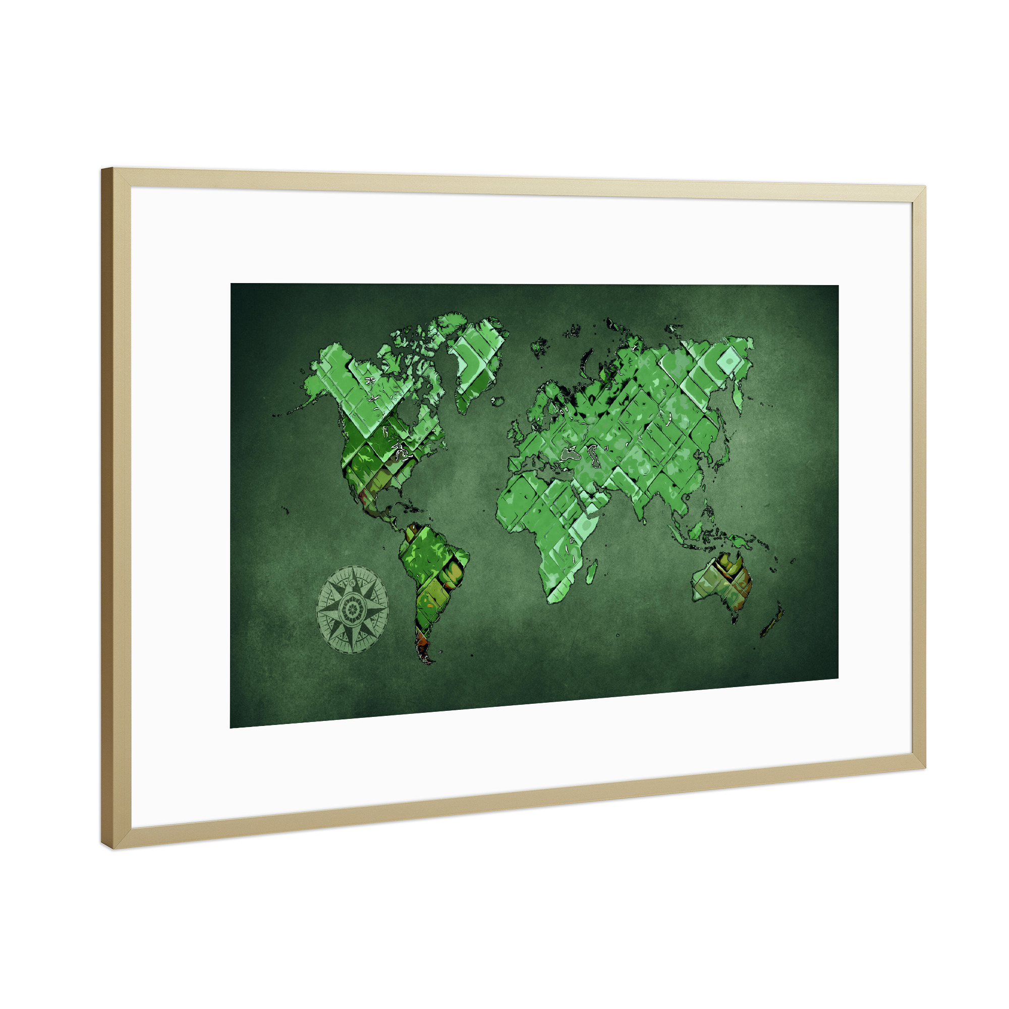 Poster mit Rahmen Gold "World map art green cartoon" artboxONE - Kartografie