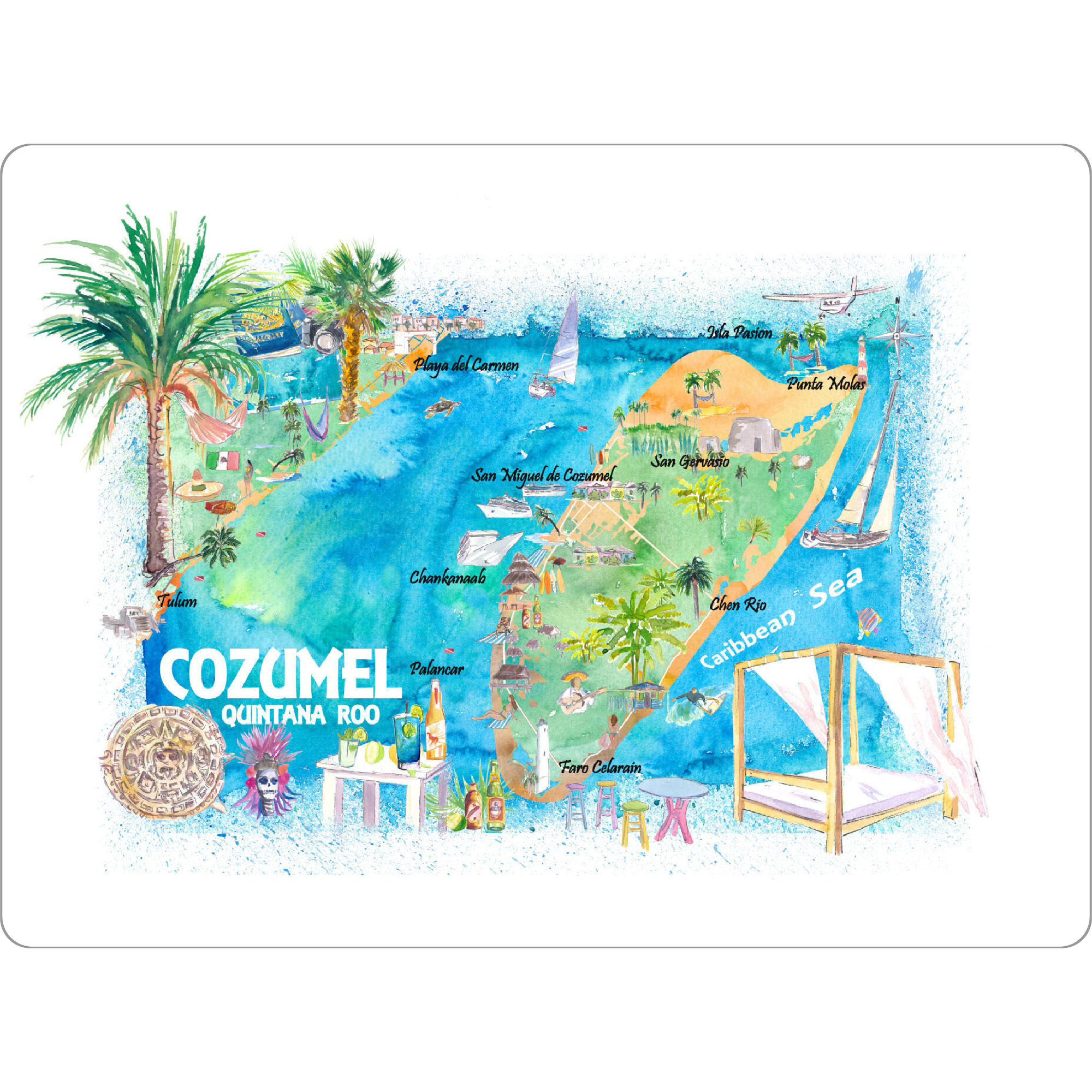 Tischset "Cozumel Illustrated Travel Map" artboxONE - Reise,Reise / Strand und Meer,Kartografie