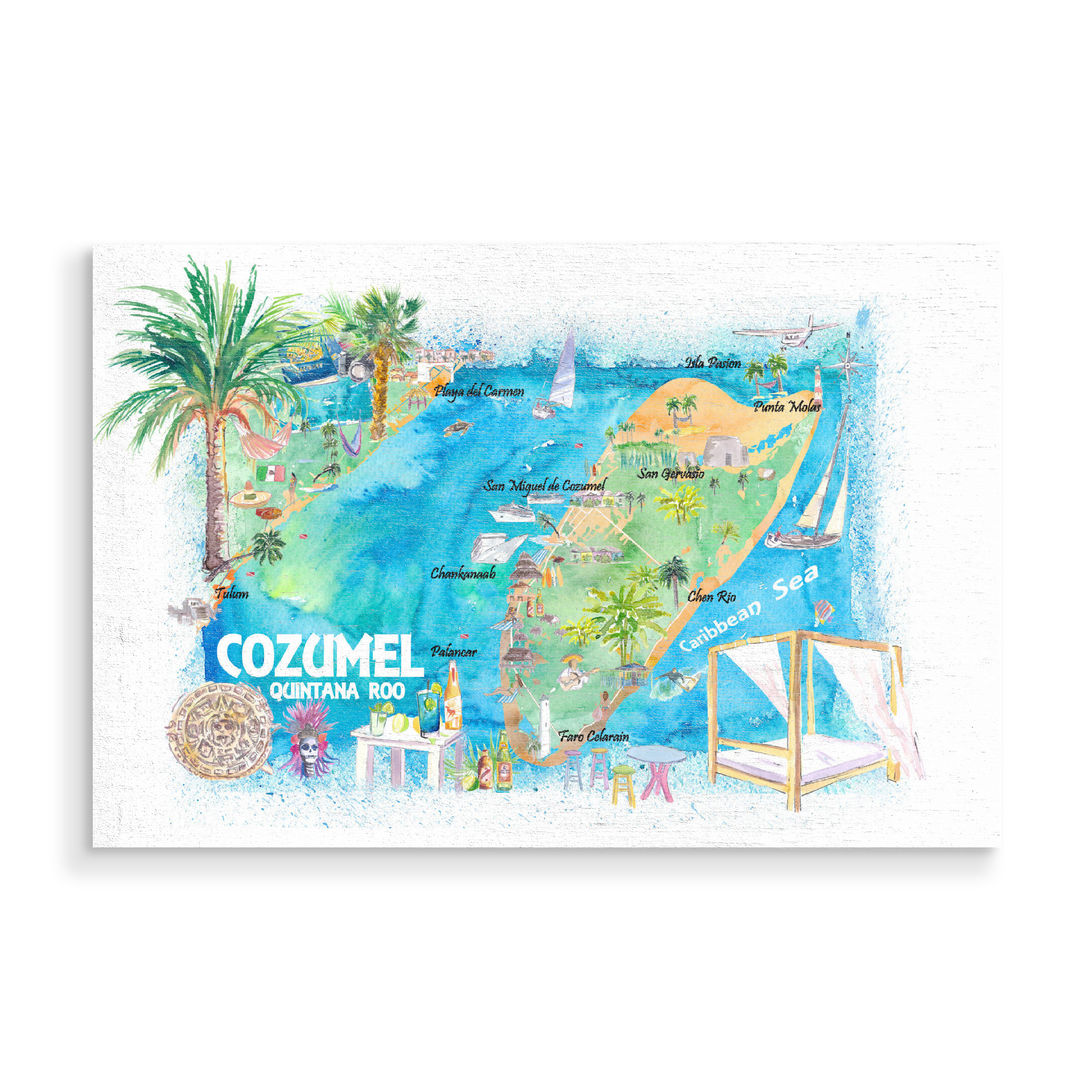 Holzbild "Cozumel Illustrated Travel Map" artboxONE - Reise,Reise / Strand und Meer,Kartografie