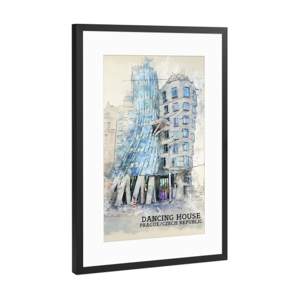 Poster mit Rahmen Schwarz (Metallic) "Tanzendes Haus Sketch" artboxONE - Städte,Architektur