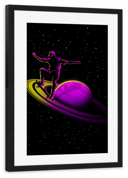 Poster mit Rahmen schwarz "Retro Skate Saturn" artboxONE - Comic,Galaxy - Saturn,Planet,Skate,Skater,Skateboard,Skateboarding,Weltall,Space,Comic