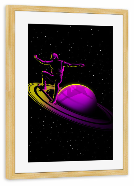 Poster mit Rahmen kiefer "Retro Skate Saturn" artboxONE - Comic,Galaxy - Saturn,Planet,Skate,Skater,Skateboard,Skateboarding,Weltall,Space,Comic