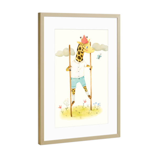 Poster mit Rahmen Gold "Giraffe auf Stelzen" artboxONE - Natur,Für Kinder,Tiere
