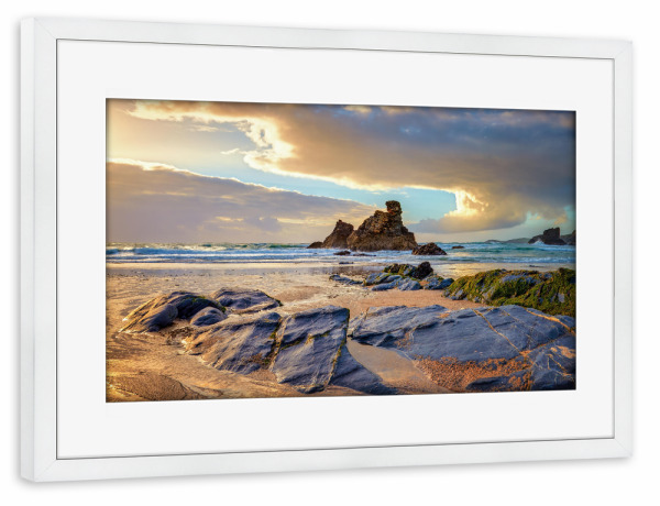 Poster mit Rahmen weiß "Porthcothan Beach" artboxONE - Natur,Reise,Reise / Strand und Meer