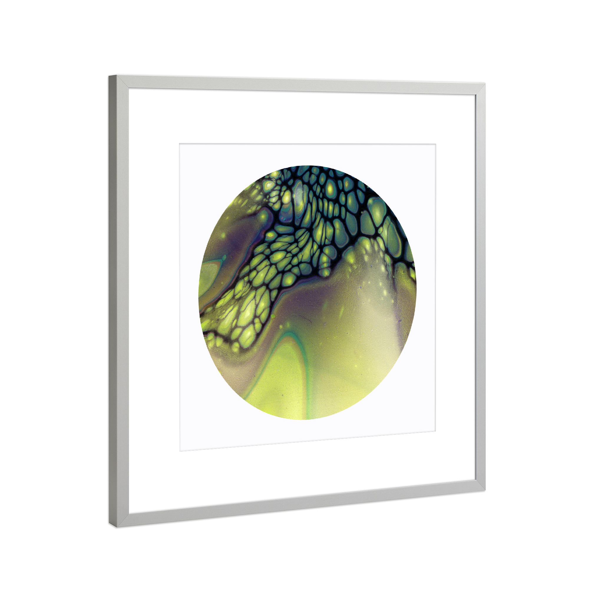 Poster mit Rahmen Silber "Lila und Gelb Bloom" artboxONE - Abstrakt