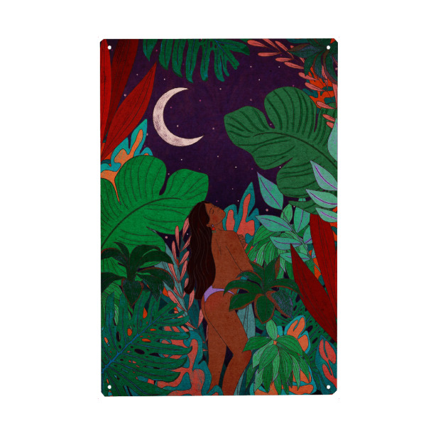 Metall Poster "Dschungel Schönheit" artboxONE - Natur - Jungle,Mond,Pflanzen,Frau,Tropical,Sterne,Himmel,Weiblich,Feminin,Exotisch,Bunt,Colorful