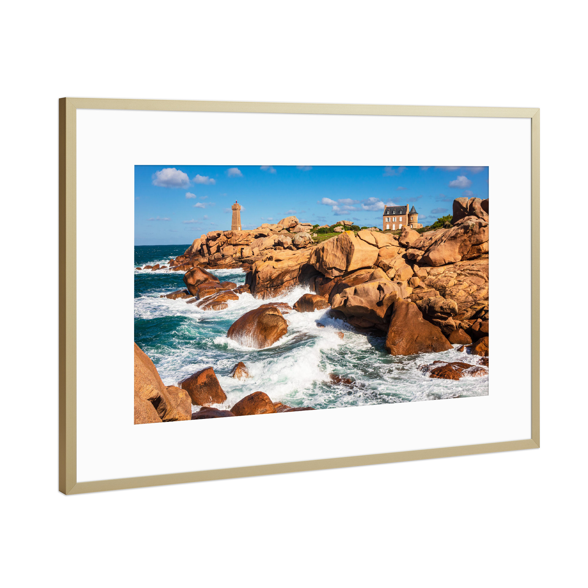 Poster mit Rahmen Gold "Leuchtturm an der Atlantikküste" artboxONE - Architektur,Reise / Strand und Meer,Reise / Länder