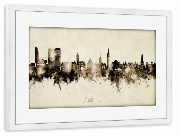 Poster mit Rahmen weiß "Lille France Skyline Sepia" artboxONE - Städte