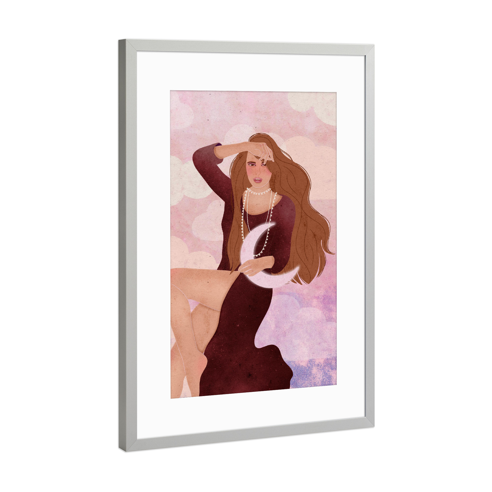 Poster mit Rahmen Silber "Mondgöttin" artboxONE - Menschen - Spirituell,Mond,Goddess,Himmel,Wolken,Weiblich,Feminin,Perlen,Frau,Female,Woman,Girl