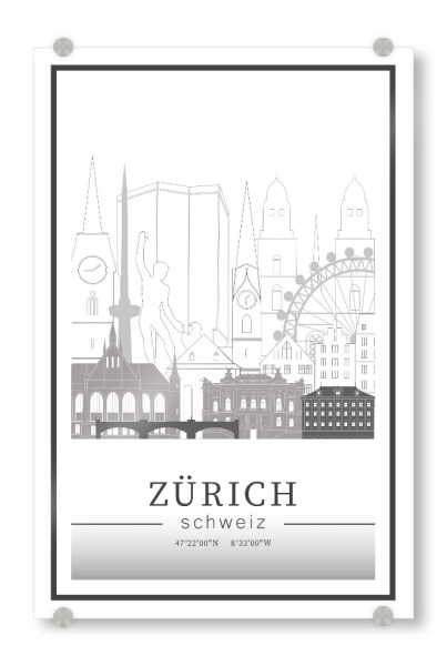 Acrylglasbild "Zurich skyline line art" artboxONE - Städte,Reise,Architektur,Städte / Zürich,Kartografie
