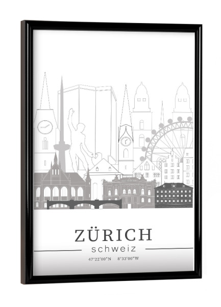 Poster mit schwarzem Rahmen "Zurich skyline line art" artboxONE - Städte,Reise,Architektur,Städte / Zürich,Kartografie