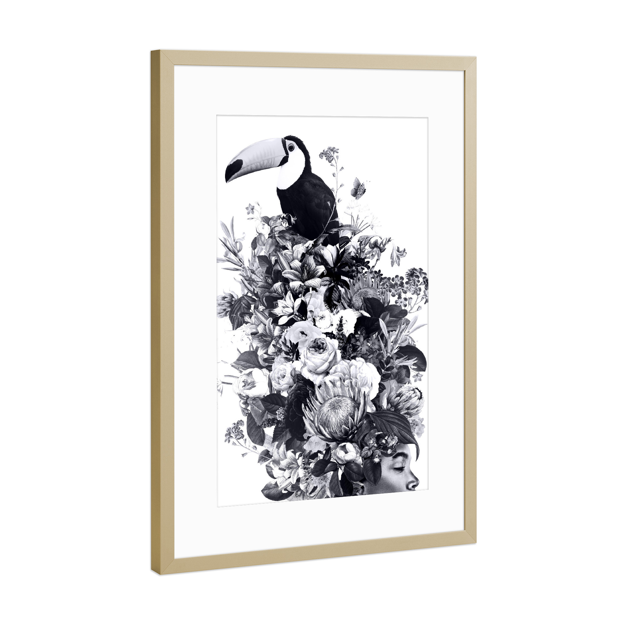 Poster mit Rahmen Gold "Floral Woman Bird BW" artboxONE - Floral,Tiere