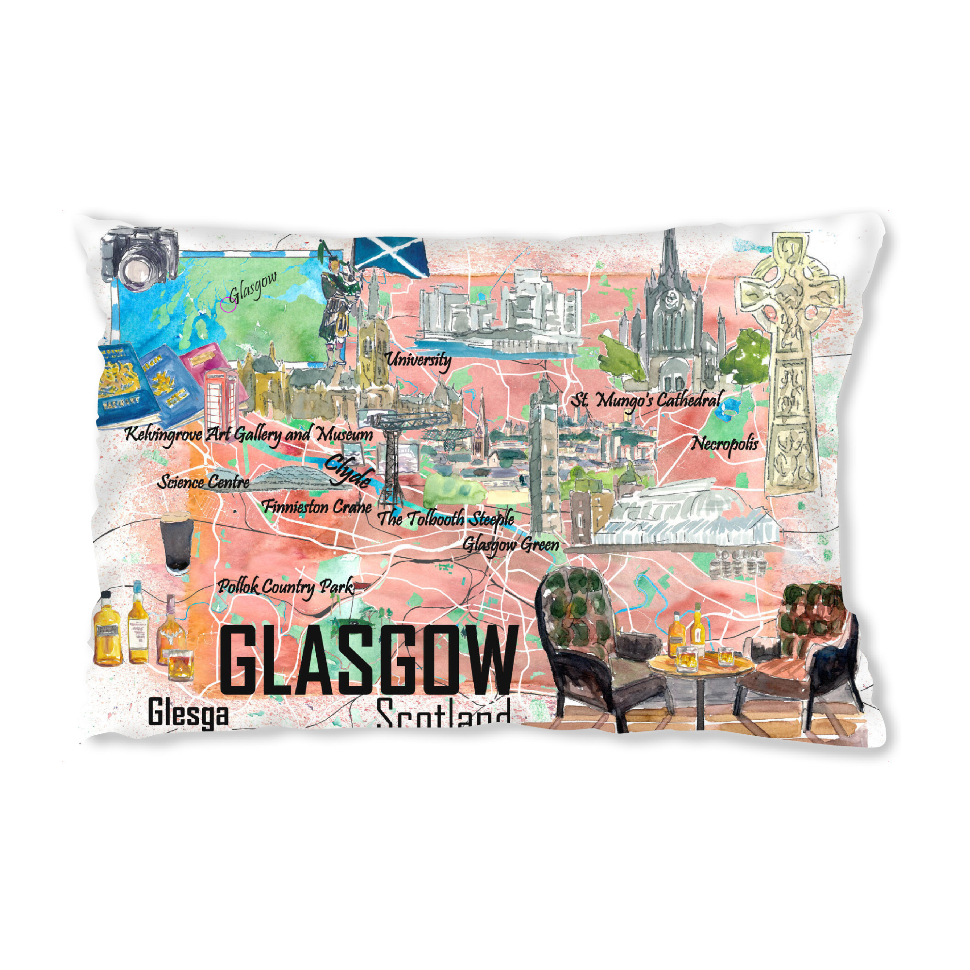 Design-Kissen "Glasgow Illustrierte Karte" artboxONE - Städte,Reise,Reise / Länder,Kartografie