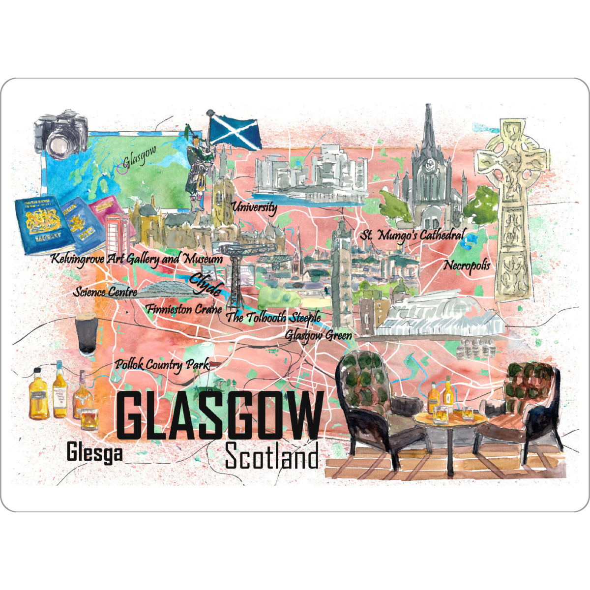 Tischset "Glasgow Illustrierte Karte" artboxONE - Städte,Reise,Reise / Länder,Kartografie