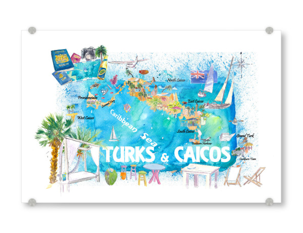 Acrylglasbild "Turks & Caicos Inselkarte" artboxONE - Reise,Reise / Strand und Meer,Buchstaben / T,Kartografie