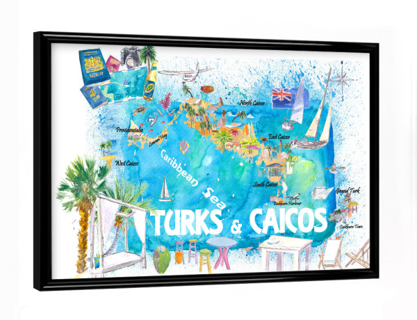 Poster mit schwarzem Rahmen "Turks & Caicos Inselkarte" artboxONE - Reise,Reise / Strand und Meer,Buchstaben / T,Kartografie