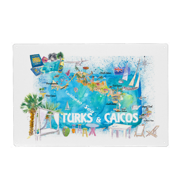 Metall Poster "Turks & Caicos Inselkarte" artboxONE - Reise,Reise / Strand und Meer,Buchstaben / T,Kartografie