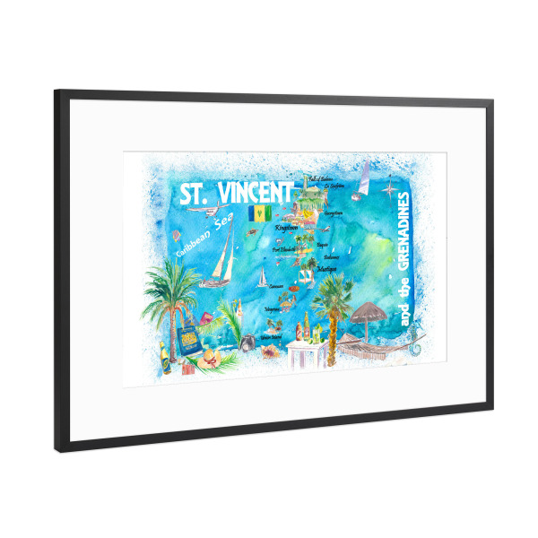 Poster mit Rahmen Schwarz (Metallic) "St Vincent Grenadines Map" artboxONE - Natur,Reise,Reise / Strand und Meer,Kartografie