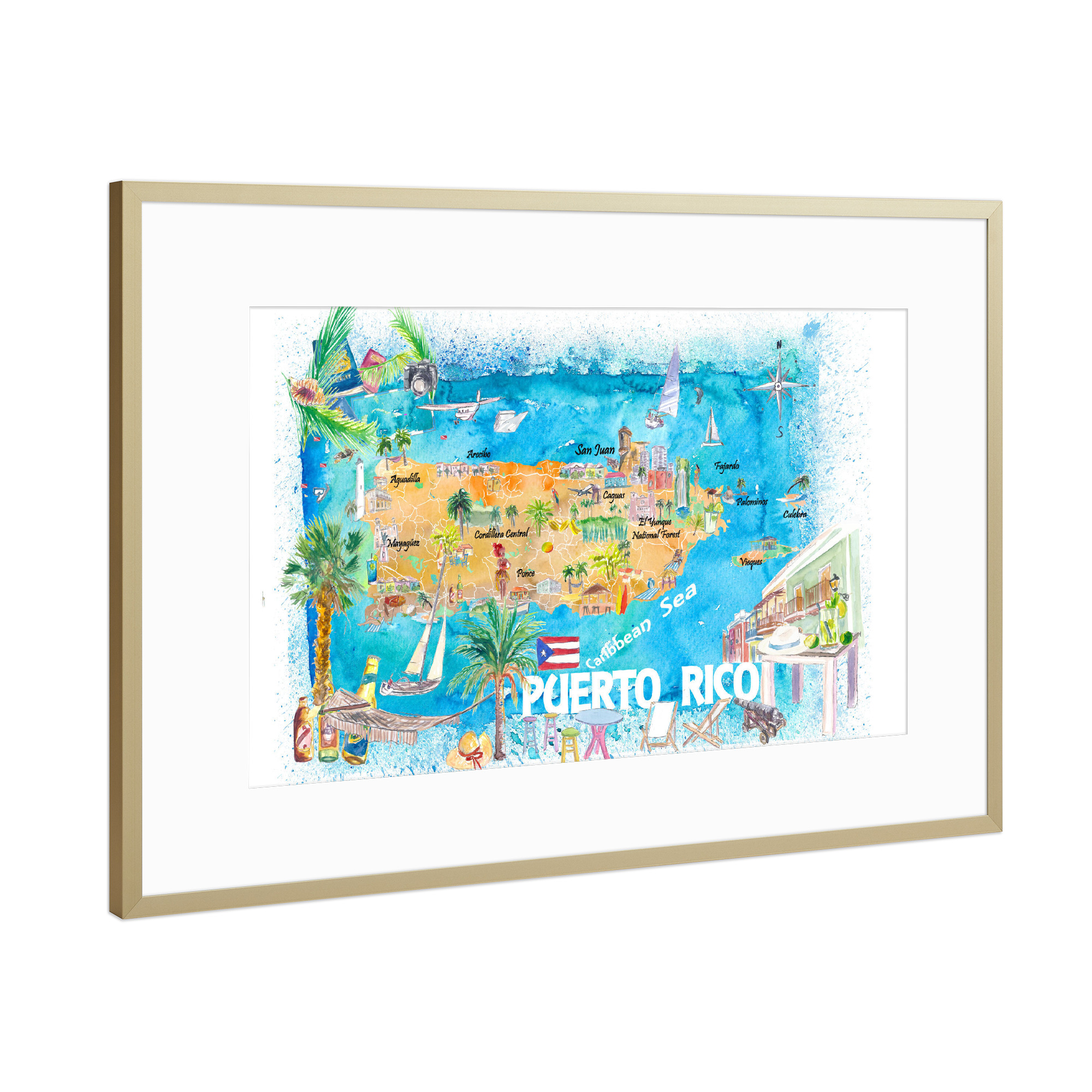 Poster mit Rahmen Gold "Puerto Rico Islands Map" artboxONE - Reise,Reise / Strand und Meer,Kartografie