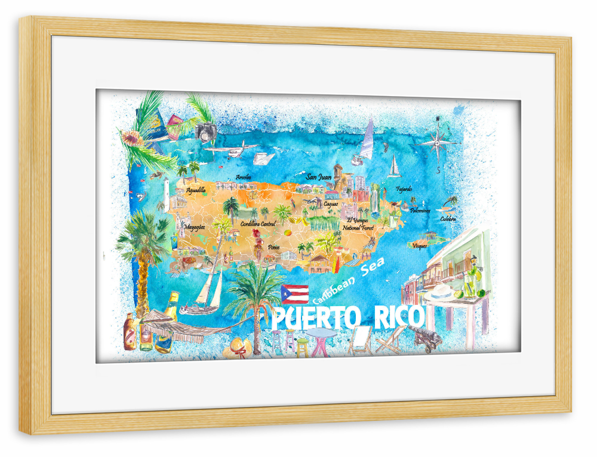 Poster mit Rahmen kiefer "Puerto Rico Islands Map" artboxONE - Reise,Reise / Strand und Meer,Kartografie