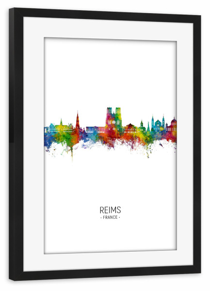 Poster mit Rahmen schwarz "Reims France Skyline Portrait" artboxONE - Städte
