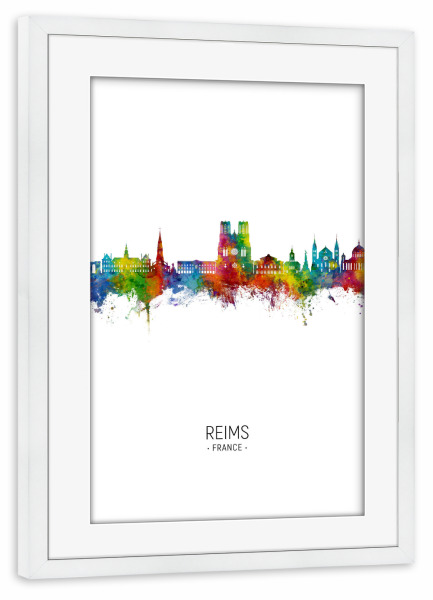 Poster mit Rahmen weiß "Reims France Skyline Portrait" artboxONE - Städte